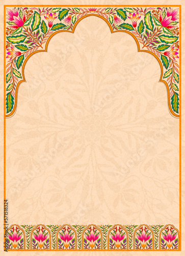Mughal floral traditional ornament with an arch and a motif borders. Recycled ethnic Indian miniature.
