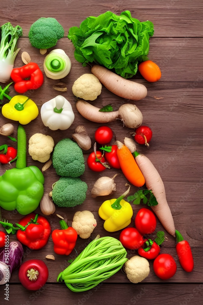 Various vegetables on a wooden background. products with vitamins. healthy food - generative ai Various vegetables on a wooden background. products with vitamins. healthy food - generative ai