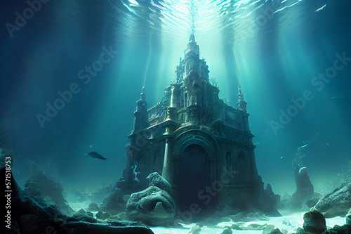 Mythical underwater city Atlantis, generative ai. Depicting a lost civilization's remnants amidst marine life