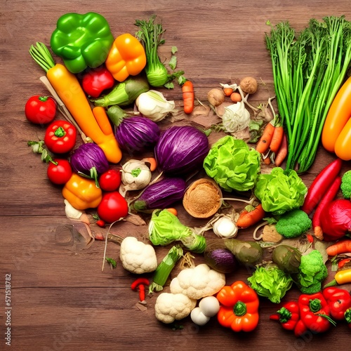 Various vegetables on a wooden background. products with vitamins. healthy food - generative ai