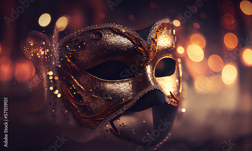Venetian Mask With Abstract Defocused Bokeh Lights And Shiny Streamers for Carnival Party. Masquerade Disguise Concept. Blurred Bokeh Background. Generative Ai. © Pickoloh