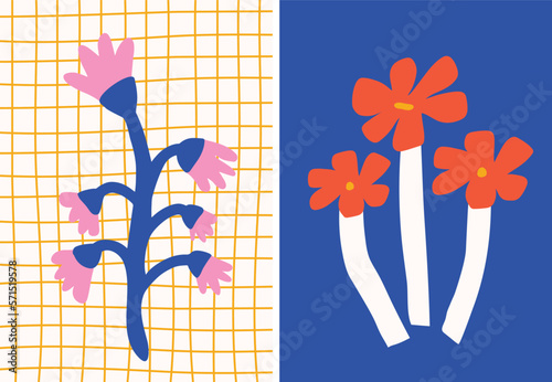 Minimal hand drawn style flat floral vector poster.Matisse style bright and colorful flower drawing perfect for wall art, greeting card, banner, prints etc.