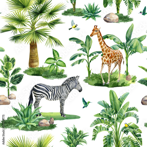 Tropical palm tree and animal seamless pattern  Exotic botanical jungle wallpaper. Wildlife Hand drawn painting