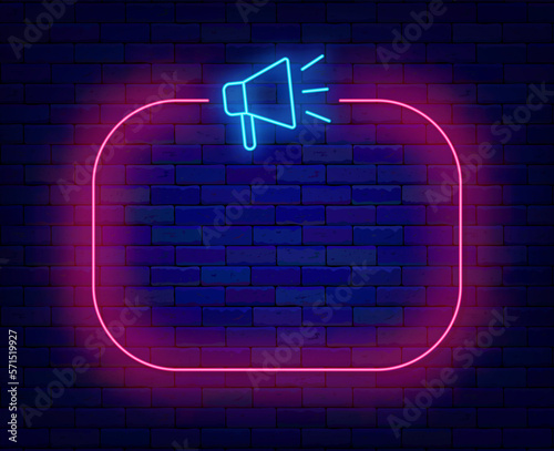 Pink empty frame with megaphone neon. Idea and news concept. Space for text. Shiny banner. Vector stock illustration photo