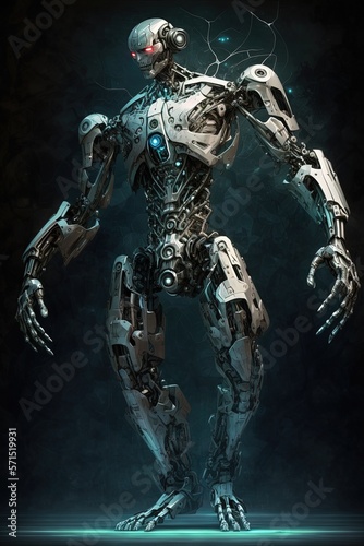 Robot Cyborg Futuristic Sci-fi Robotic Humanoid Mixing Tecnhnology and Humans Fighting Machine Soldier Dystopian Dark Future War Illustration