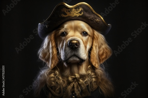 Golden Retriever Face in a Pirate Costume Jolly Roger. Generative AI.