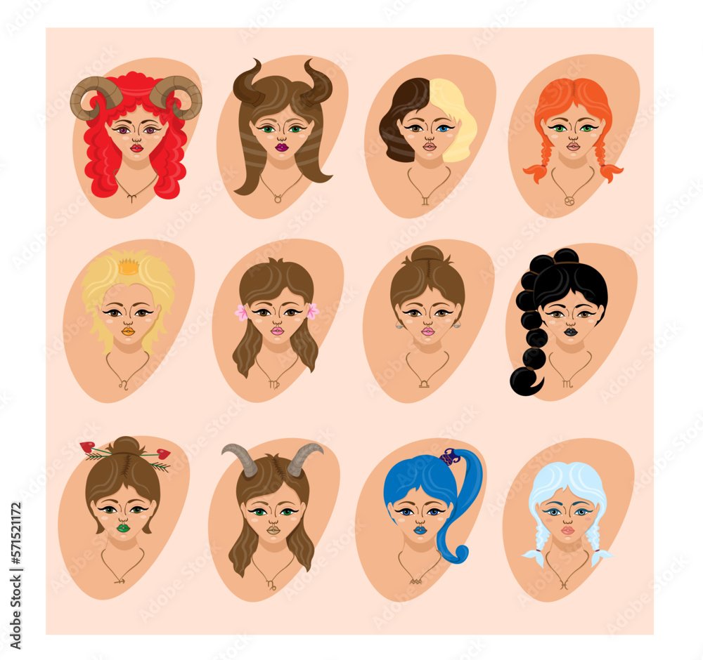 Zodiac signs represented as woman portraits Zodiac signs represented as woman portraits