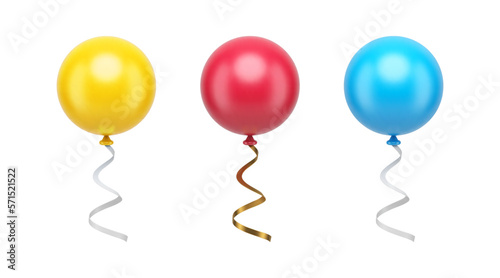 Helium balloon circle flying party decor element with curved ribbon 3d icon set realistic vector