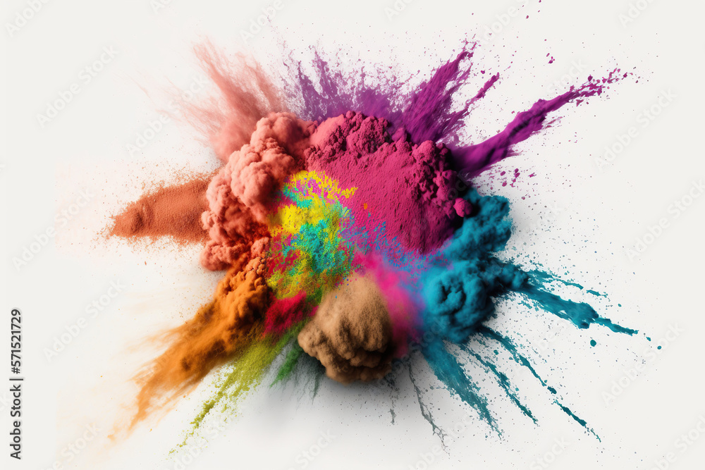 Explosion of color Holi powder on white background, Indian Holi festival, Colored cloud. Colorful dust explode. AI Generative. Explosion of color Holi powder on white background, Indian Holi festival, Colored cloud. Colorful dust explode. AI Generative.