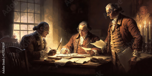 Foto The Signing of the Declaration of Independence: A illustration or painting of the moment when the founding fathers signed the Declaration of Independence