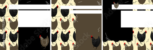 a set of three square images on a white isolated background on the theme of poultry, chickens, roosters