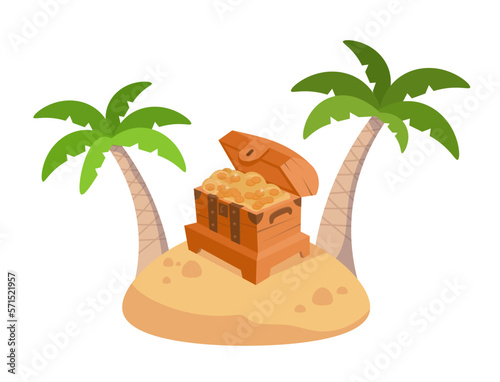 Wooden old chest with gold coins on island with palm trees. Isolated cartoon style illustration on white background. Vector illustration for card design, posters, postcards, backgrounds. 
