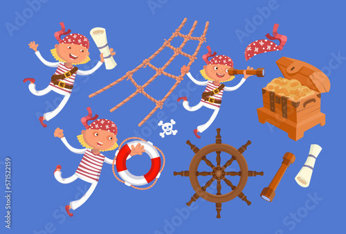 Set of pretty pirates, chest of gold. Vector isolated icons on blue background. Cartoon character for the design.