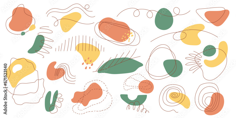 Set of abstract shapes with lines. Hand-drawn organic spots, contours and strokes. Various graphic elements for your trendy modern design isolated on white background. Vector in pastel colors. Set of abstract shapes with lines. Hand-drawn organic spots, contours and strokes. Various graphic elements for your trendy modern design isolated on white background. Vector in pastel colors.