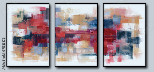Bright modern artwork, abstract paint strokes, triptych on wall, painting on white canvas