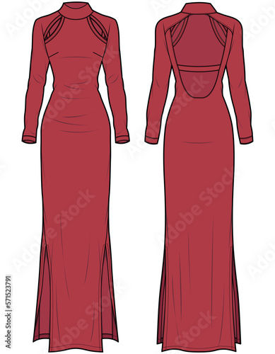 womens long sleeve turtle neck backless maxi dress flat sketch vector illustration front and back technical cad drawing template