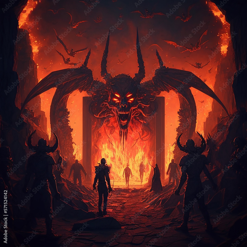 Human souls are crossing the burning gate of Hell to eternal damnation