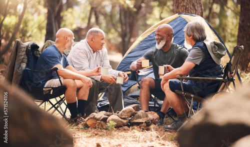 Εκτύπωση καμβά Man, friends and camping in nature for holiday travel, getaway or summer vacation together by tent in forest