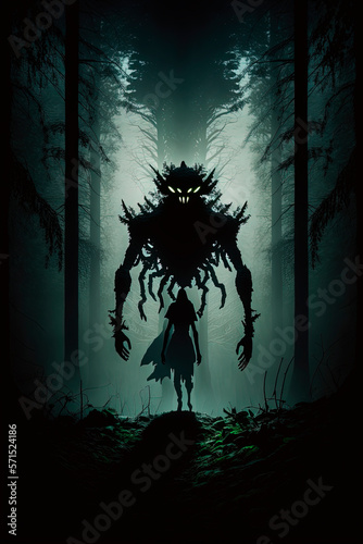 Silhouette of a lanky monster over the forest. Generative AI