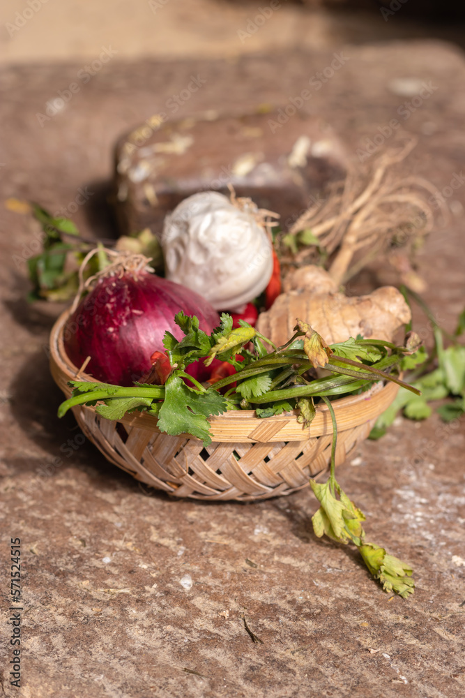 fresh mix vegetables from farm in bamboo bowl from top angle at day fresh mix vegetables from farm in bamboo bowl from top angle at day