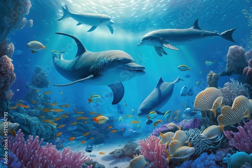 School of Dolphins Swimming in a Colorful Coral Reef