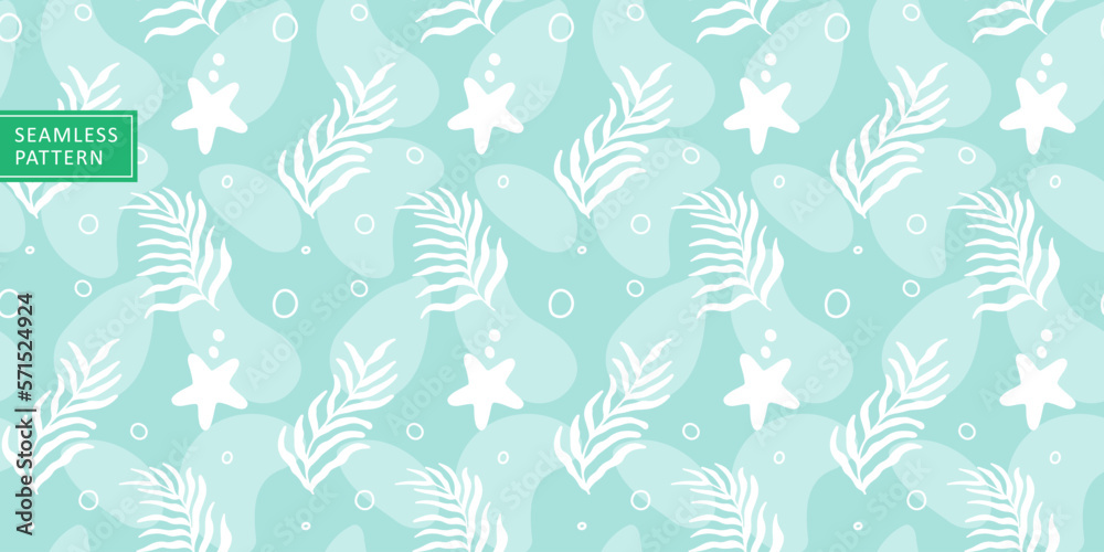 Fototapeta premium Baby marine vector seamless pattern with seaweeds, starfish for baby textiles, wrapping paper, covers, backgrounds