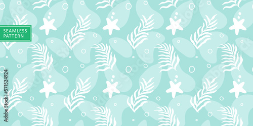 Baby marine vector seamless pattern with seaweeds, starfish for baby textiles, wrapping paper, covers, backgrounds
