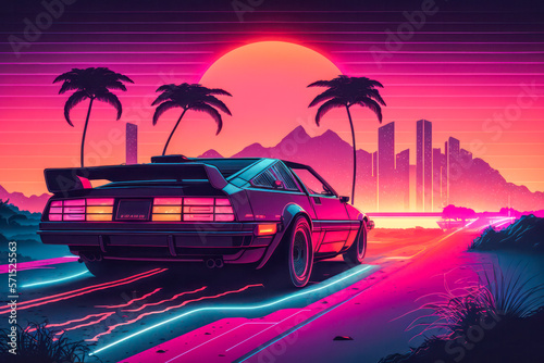 80s style illustration with car driving into sunset. Generative AI. © eyetronic