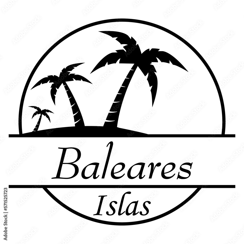 Destino de vacaciones. Logo aislado con texto manuscrito Baleares Islas en español con silueta de isla con palmeras en círculo lineal