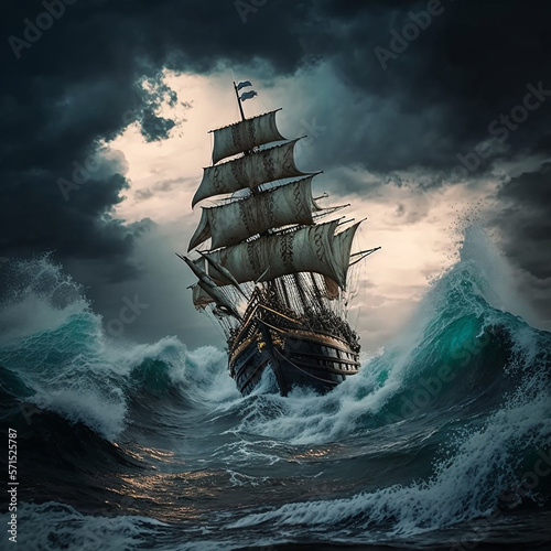 Pirate ship sailing during a storm. Generative AI