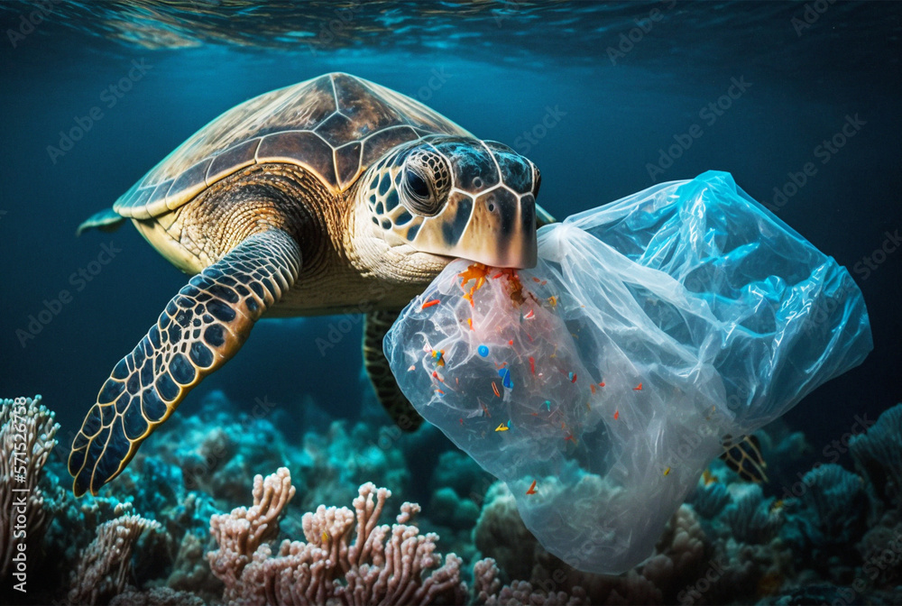 Obraz premium Plastic pollution in ocean environmental problem. Turtle eat plastic bags mistaking them for jellyfish. Generative AI