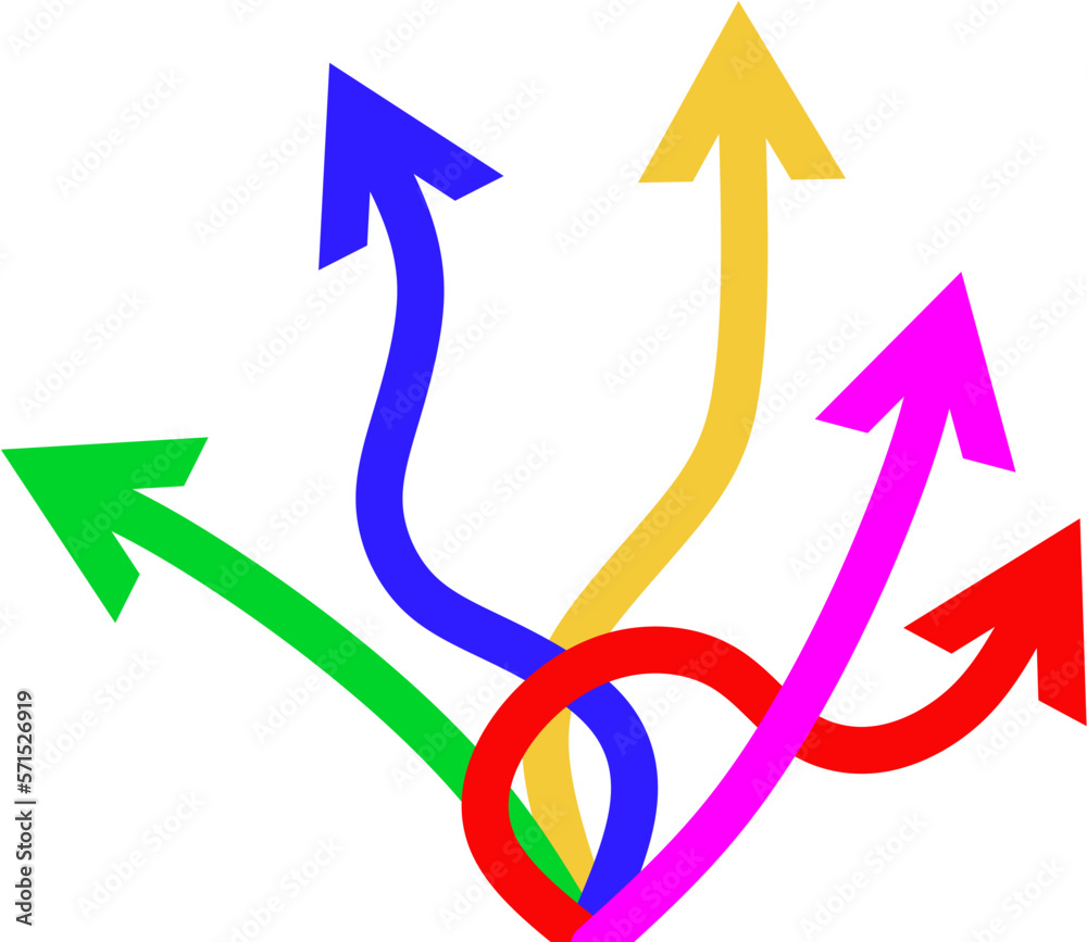 Concepto elección de diferentes flechas de distintos colores y curvas para elegir un destino y con fondo transparente