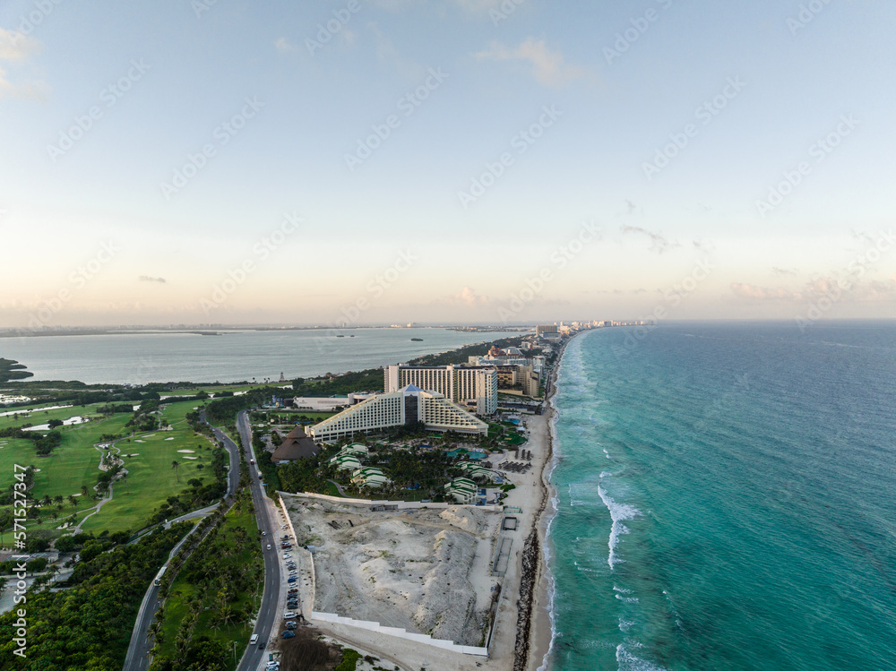 Aerial view of the beautiful coastline of Cancun, Mexico. Hotel zone. Sunset. Panorama.