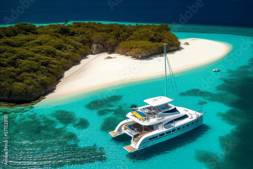 Aerial view of luxury catamaran and tropical beach paradise created with generative AI