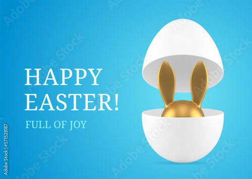 Happy Easter golden bunny hiding in open chicken egg 3d greeting card design template realistic vector illustration