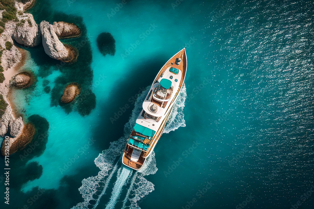 Aerial view of luxury boat and island paradise created with generative AI