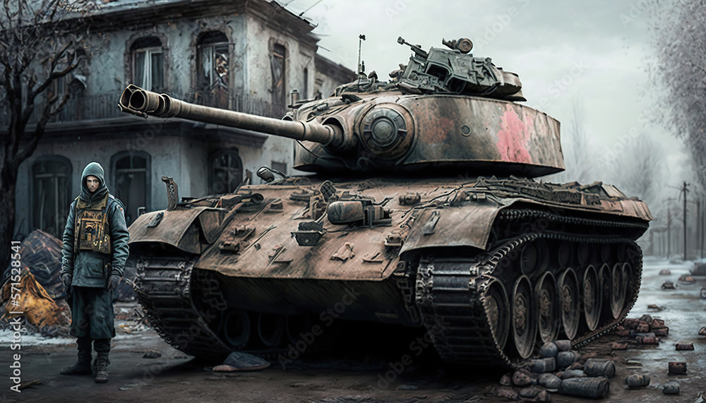 Abandoned tank in a wartime street. Generative AI illustration.