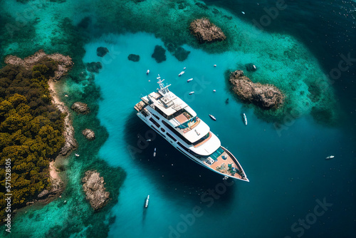 Aerial view of luxury yacht anchored in tropical island created with generative AI © JoelMasson