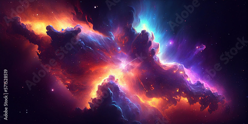 Abstract outer space endless nebula galaxy background with clouds and neon lighting in the sky. Generative Ai. © Pickoloh