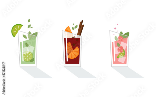 Festive set of drinks. Cocktail, mojito, mulled wine. Alcoholic tropical drinks in transparent glasses. Vector trendy color clip art for bar menu design. Flat style.