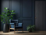 Creative composition of modern living room interior mockup design with blue sofa and elegant home accessories. Dark blue wall color. Home staging and plant. Template. Copy space. 3d Render.