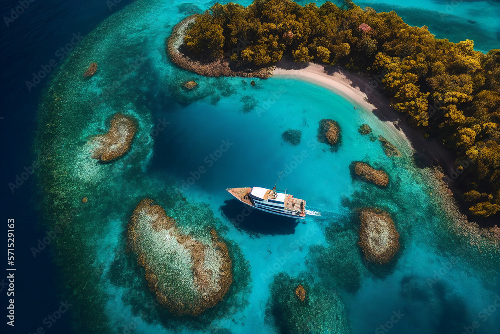 Fototapeta premium Aerial view of boat and mediterranean beach paradise created with generative AI