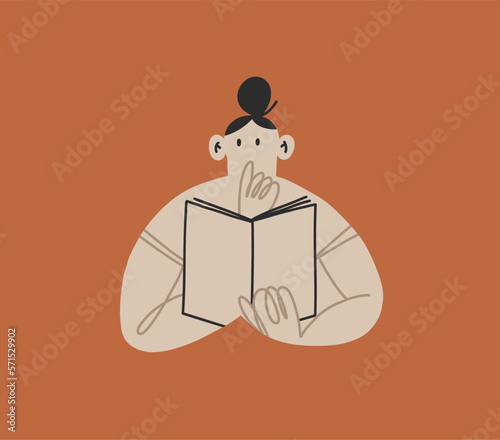 Hand drawn vector abstract cartoon,doodle readng female character holding a book in her hands and very surprised.Drawing doodle book reading character concept design.Study people vector illustration.