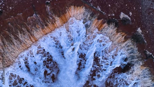 Aerial view from a drone of the Rio Tinto in the surroundings of the town of Berrocal. Sierra Morena, Gulf of Cádiz, Huelva, Andalusia, Spain, Europe photo