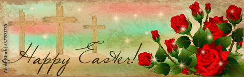 Easter banner  Christian wooden cross with red roses. vector illustration 