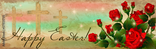 Easter banner, Christian wooden cross with red roses. vector illustration	