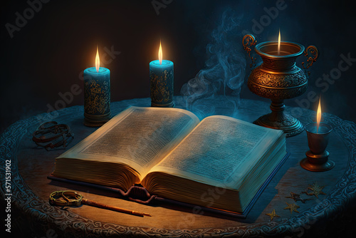 Magic old book of witchcraft with candles on the table. Dark fantasy illustration. Generative AI