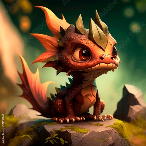 Cute little cartoon dragon on a rock in the forest. 3d illustration for children © Zakhariya