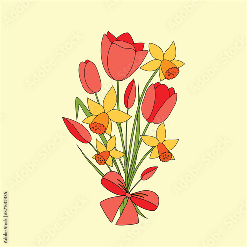 Card with flowers. Bouquet of yellow daffodils and red tulips. spring vector illustration