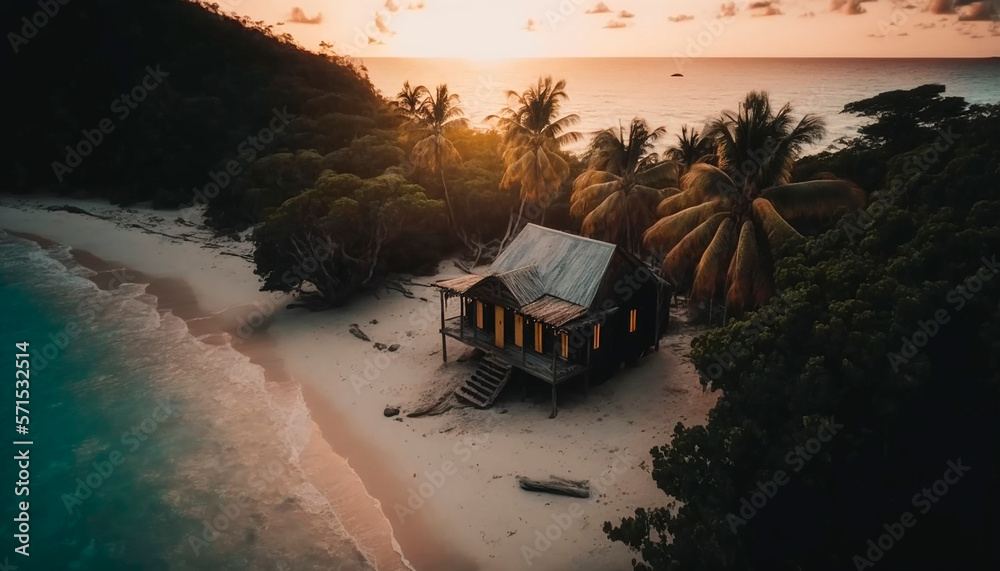Naklejka premium aerial drone view of beautiful island with sandy beach, small modern wooden house hyper realistic, sharp, daylight, concept of living, generative ai